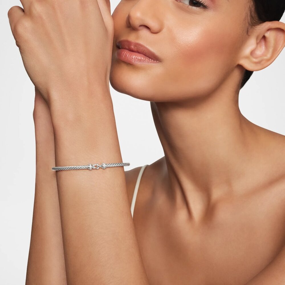 $550 David Yurman Sterling Silver 3mm Cable Buckle Bracelet with Paved Diamonds